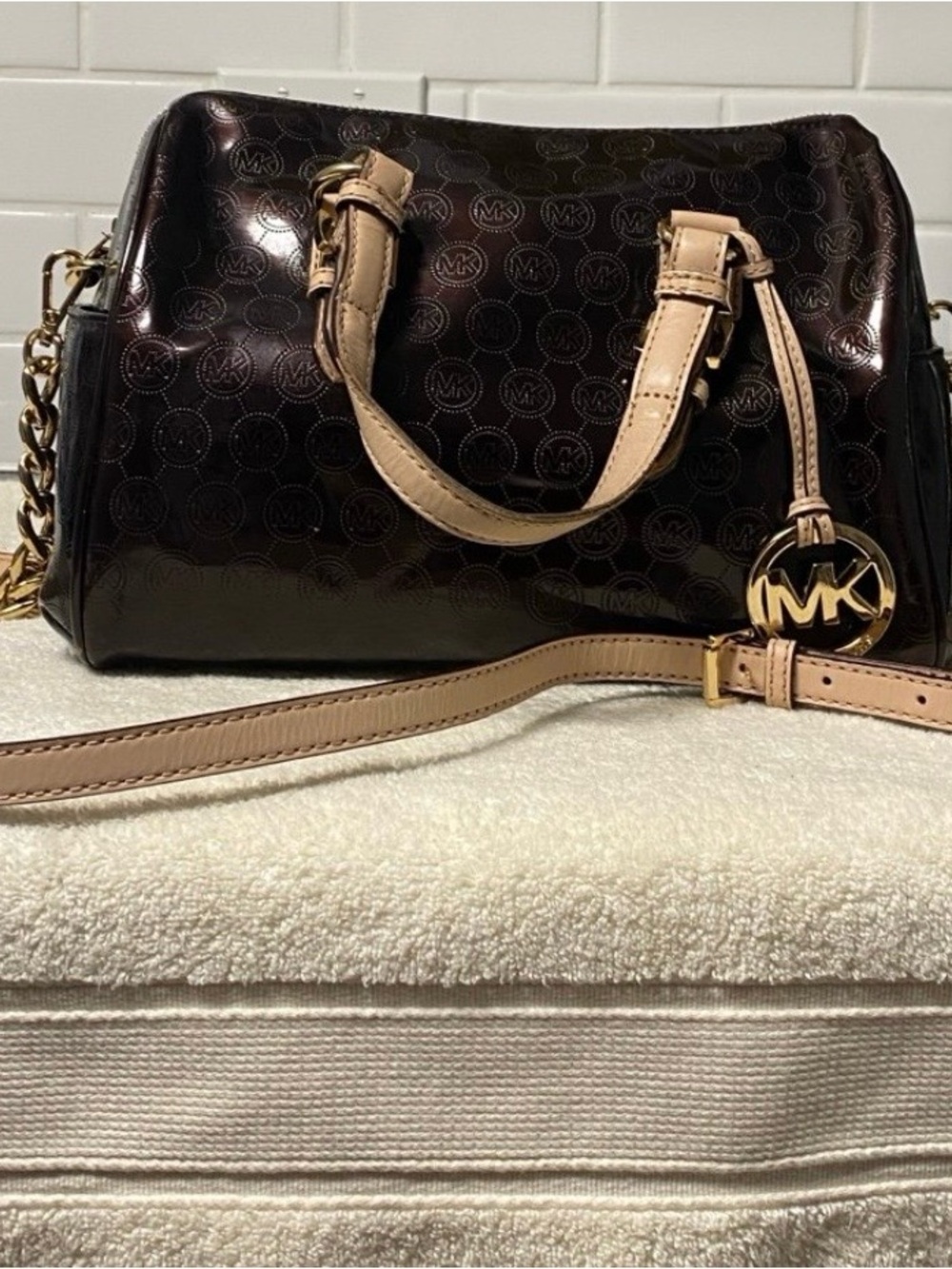 Michael Kors Dark Brown Patent Crossbody with Beige Trim